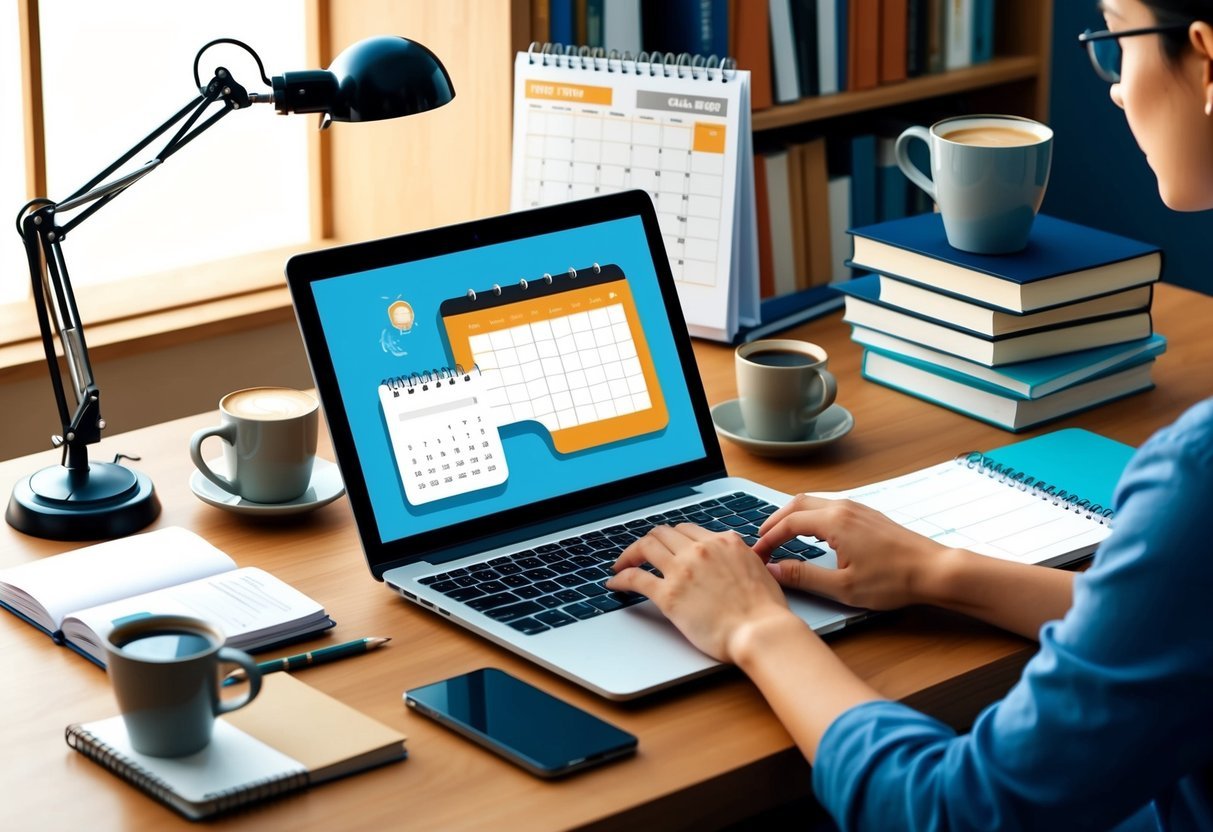 A person typing on a laptop surrounded by coffee, notebooks, and a calendar, with a stack of books and a desk lamp in the background