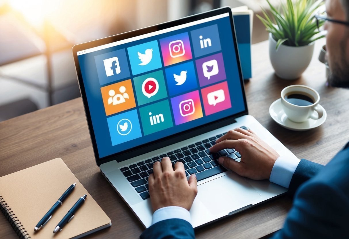 A person sitting at a desk, typing on a laptop with various social media platforms open on the screen.</p><p>A notebook and pen are nearby, with a cup of coffee