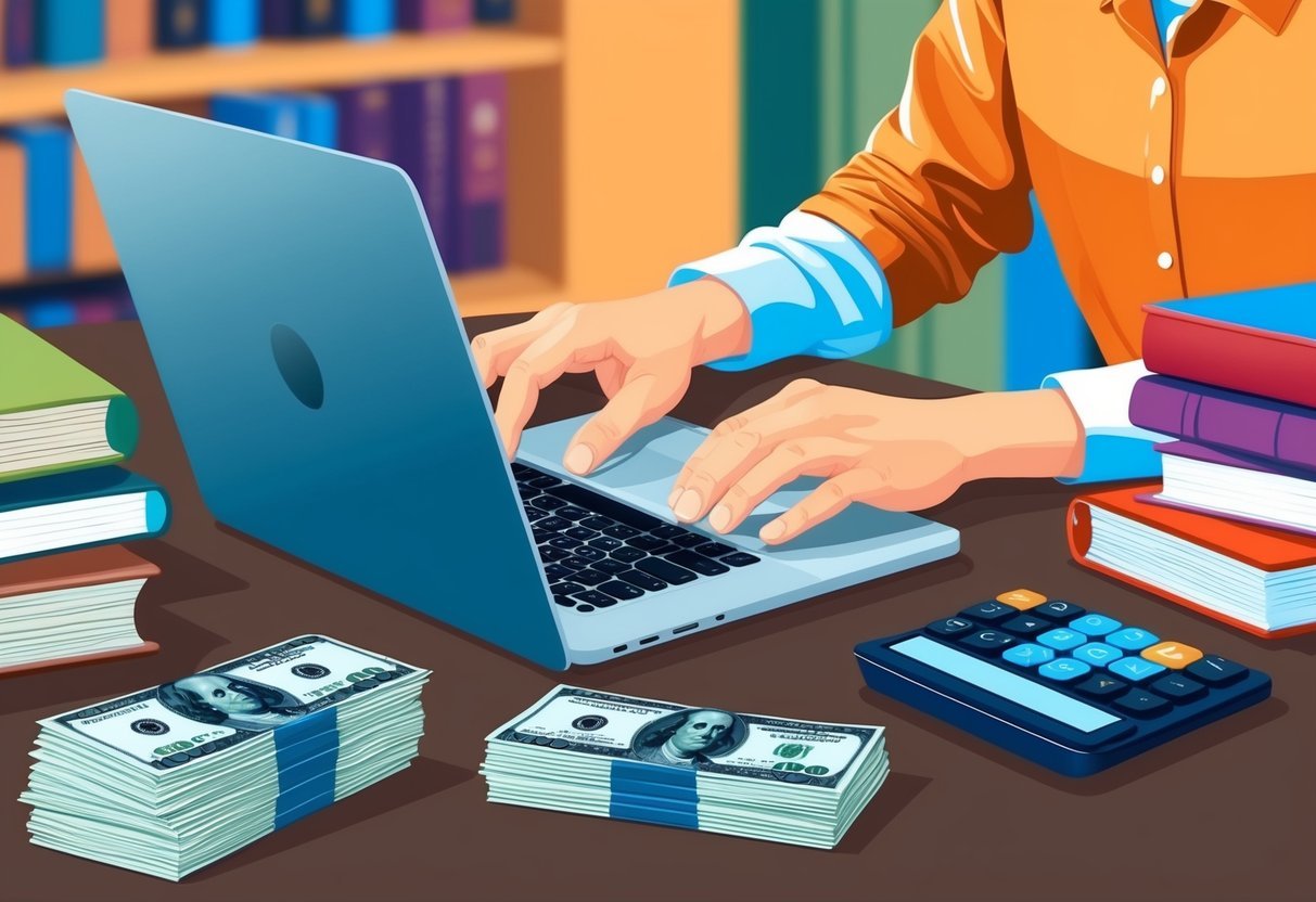 A person typing on a laptop surrounded by books and a cup of coffee, with a stack of money and a calculator on the table