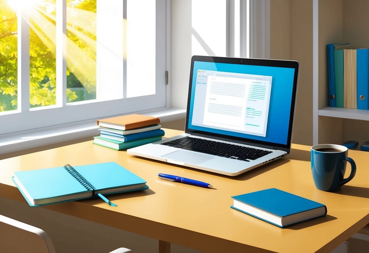 A cozy home office with a laptop, notebook, and pen.</p><p>A stack of books on the desk and a mug of coffee.</p><p>Bright sunlight streaming through the window