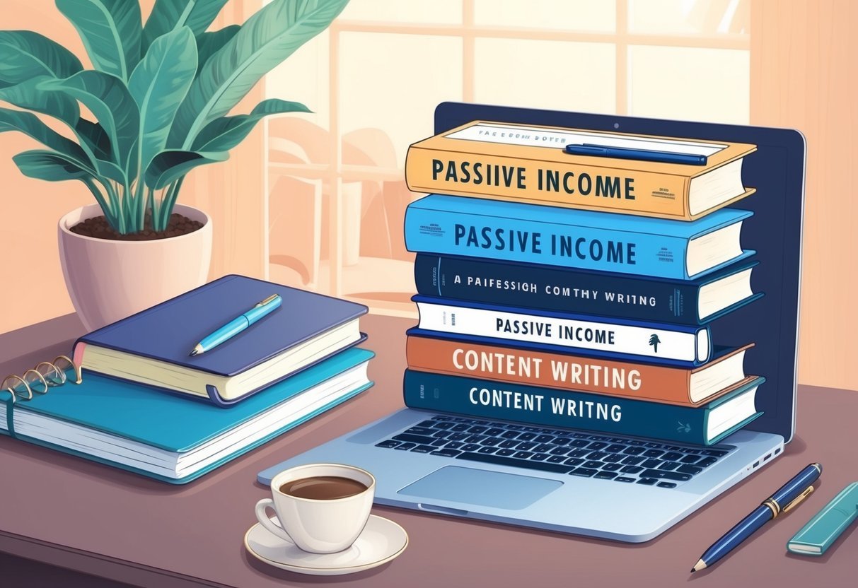 A cozy home office with a laptop, notebook, and pen.</p><p>A stack of books on passive income and content writing.</p><p>A warm cup of coffee on the desk