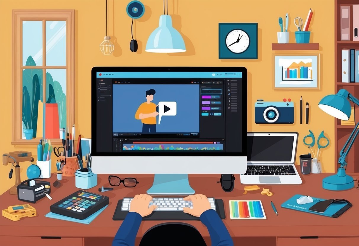 A person editing a marketing video on a computer, surrounded by creative tools and equipment in a cozy home office