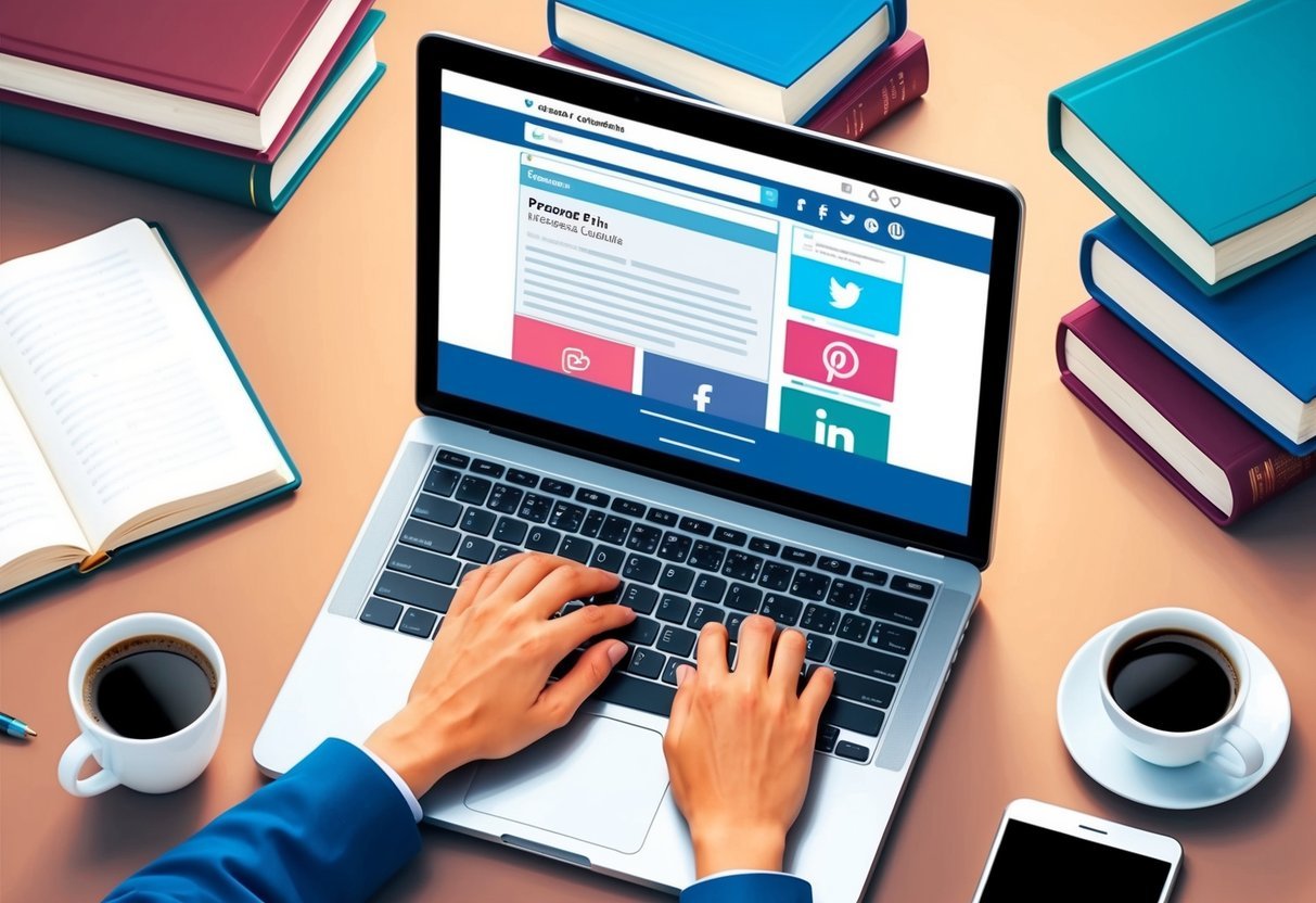 A person typing on a laptop surrounded by books and a cup of coffee, with a professional website and social media profiles displayed on a computer screen