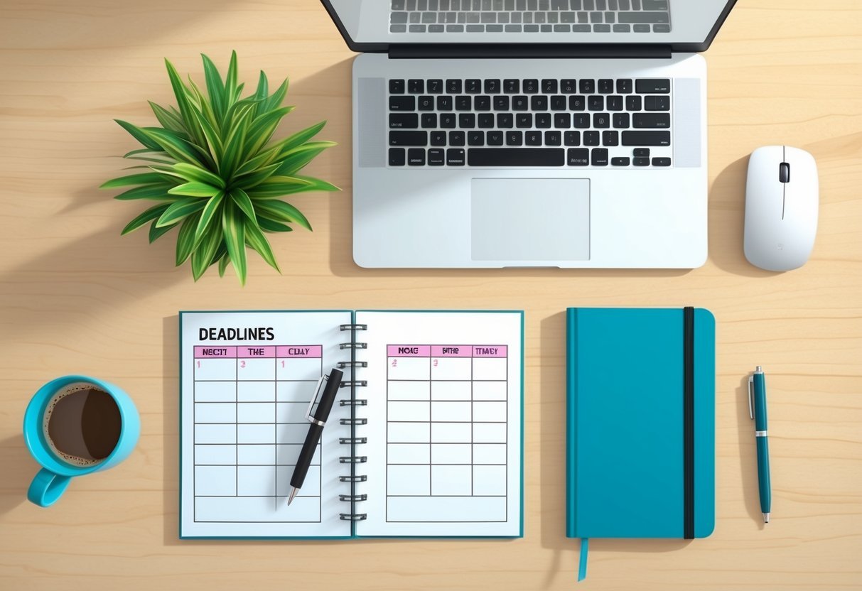 A desk with a laptop, notebook, and pen.</p><p>A calendar with marked deadlines.</p><p>Coffee mug and plant.</p><p>Bright, organized workspace