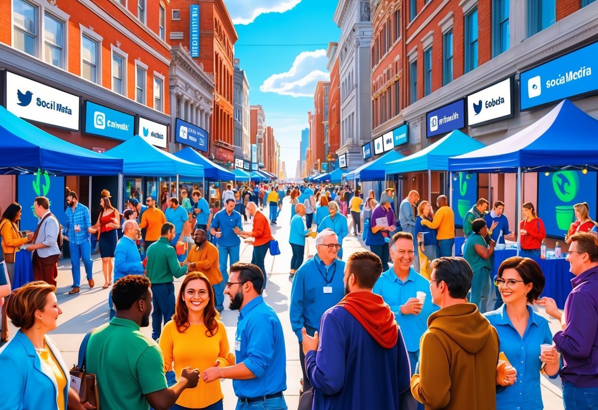 A bustling city street with people interacting at various community events, with social media logos displayed on banners and screens