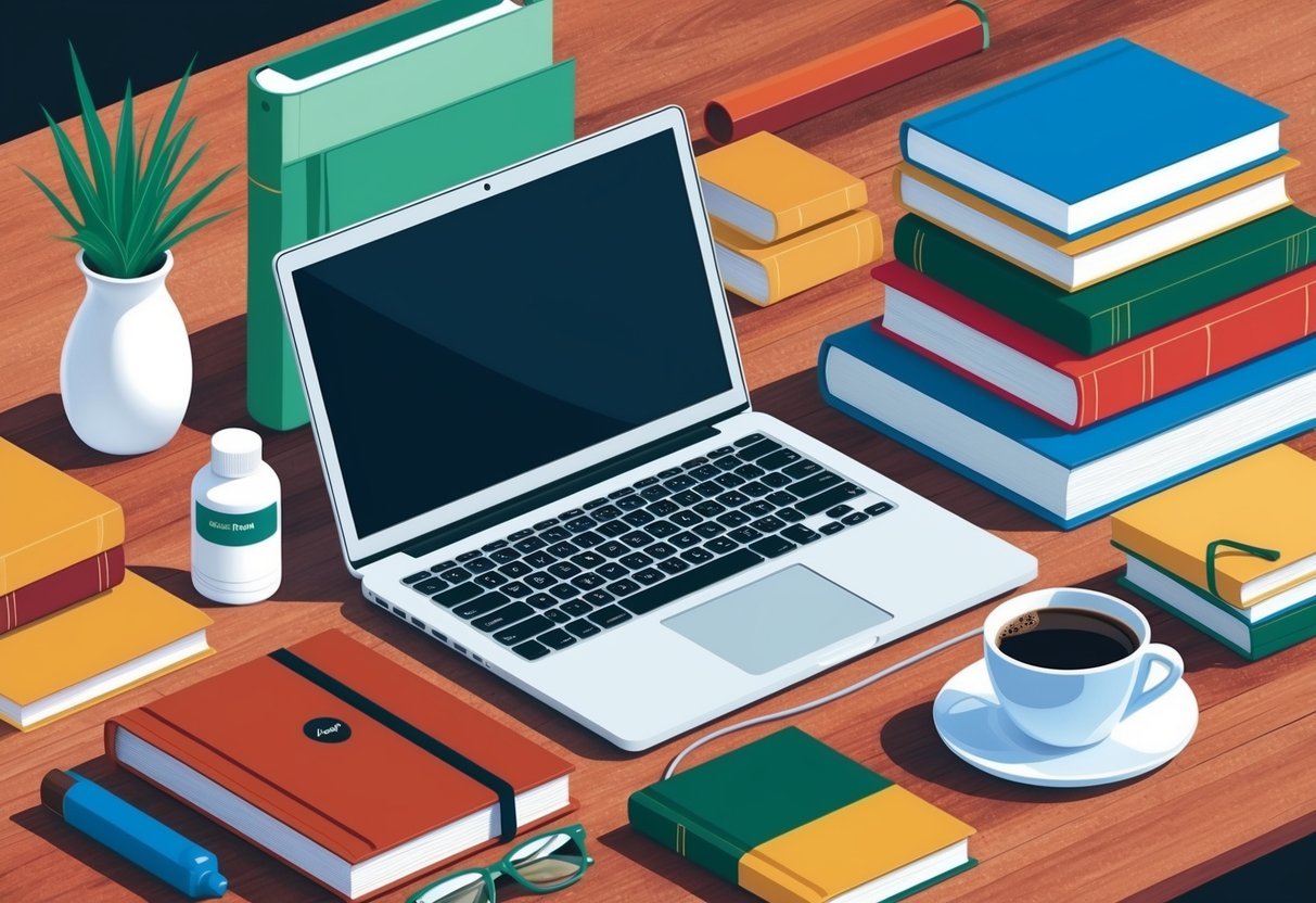 A laptop surrounded by various products and a stack of books, with a cup of coffee nearby