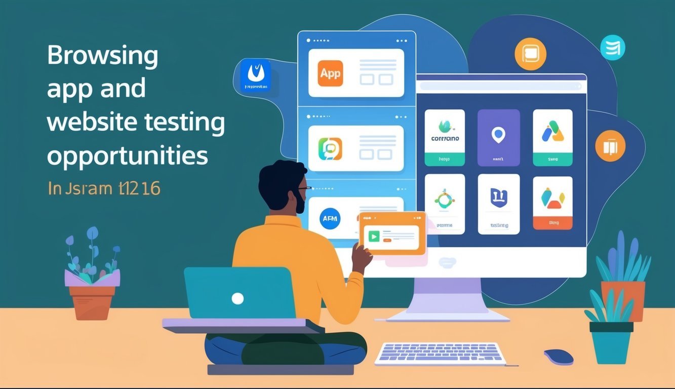 A person browsing through various app and website testing opportunities on a computer screen