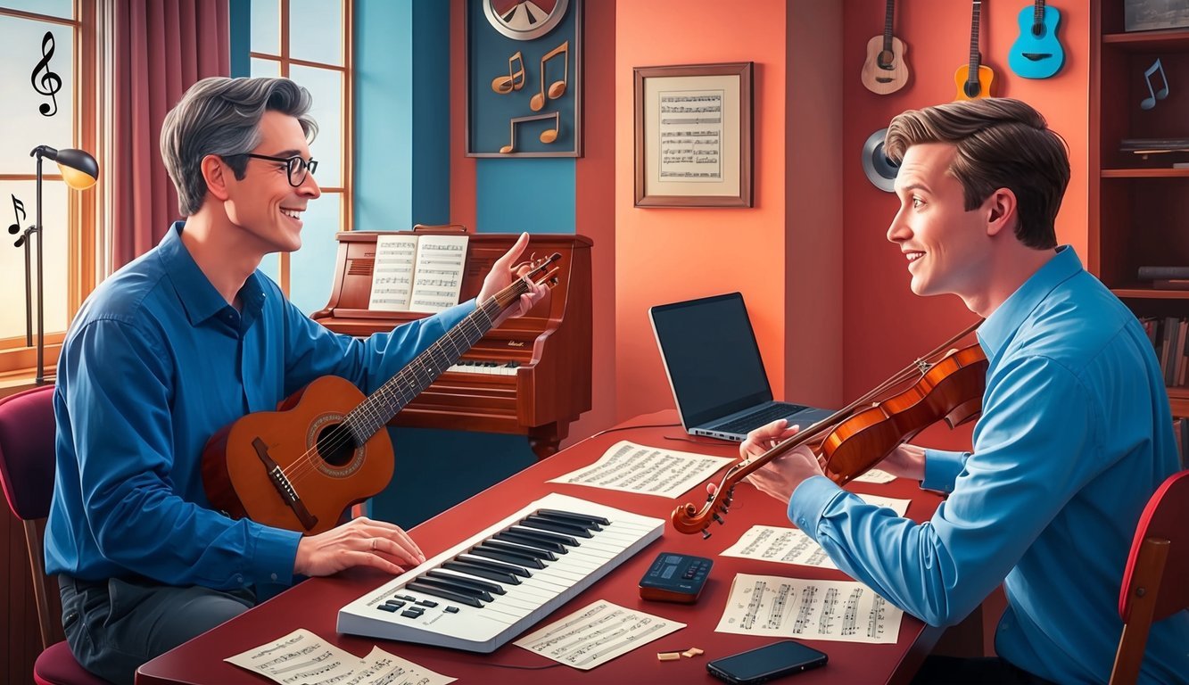 A musician teaching a student in a cozy, well-lit studio with instruments and musical notes scattered around