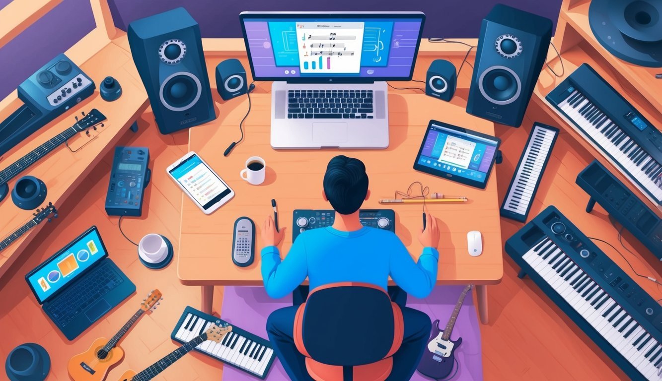 A person teaching music online, surrounded by instruments and digital devices in a cozy home studio