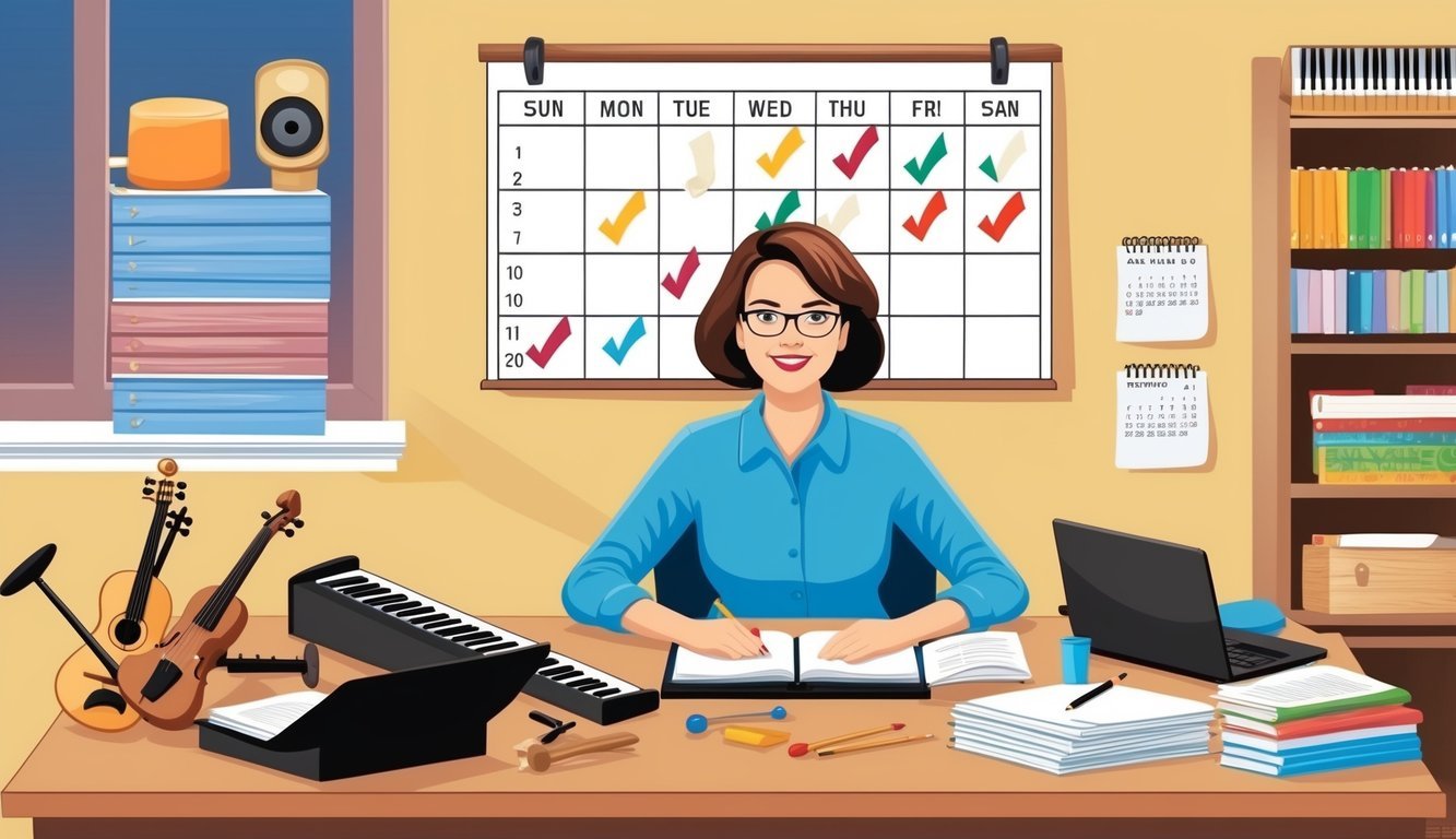 A music teacher sits at a desk surrounded by instruments and teaching materials.</p><p>A calendar on the wall marks off successful lessons and progress