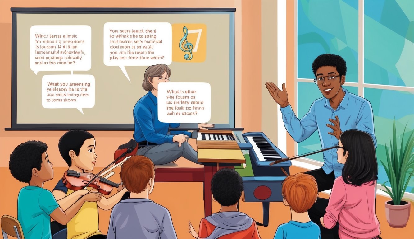 A person teaching music lessons while answering frequently asked questions