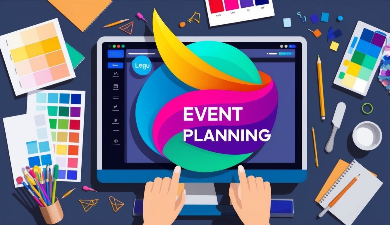 A vibrant, modern event planning logo being designed on a computer, surrounded by color swatches and creative tools