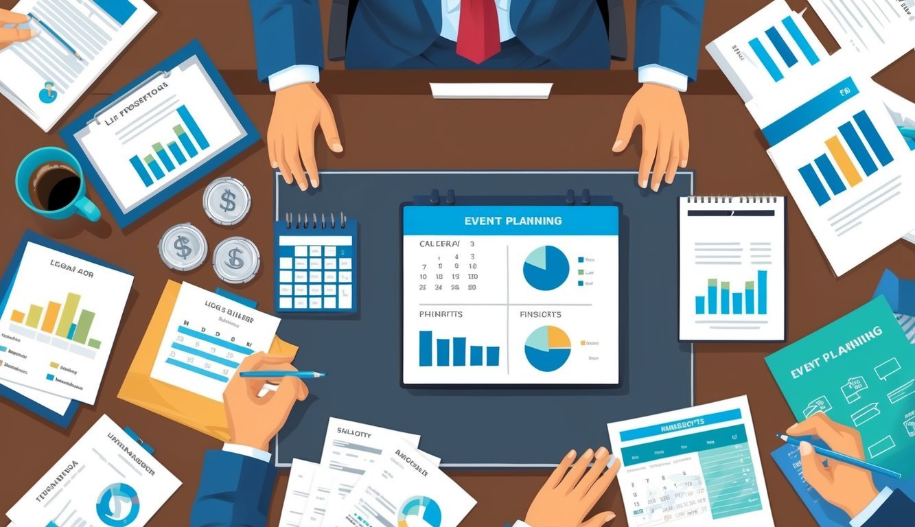 A person at a desk, surrounded by legal and financial documents, with a calendar and event planning materials