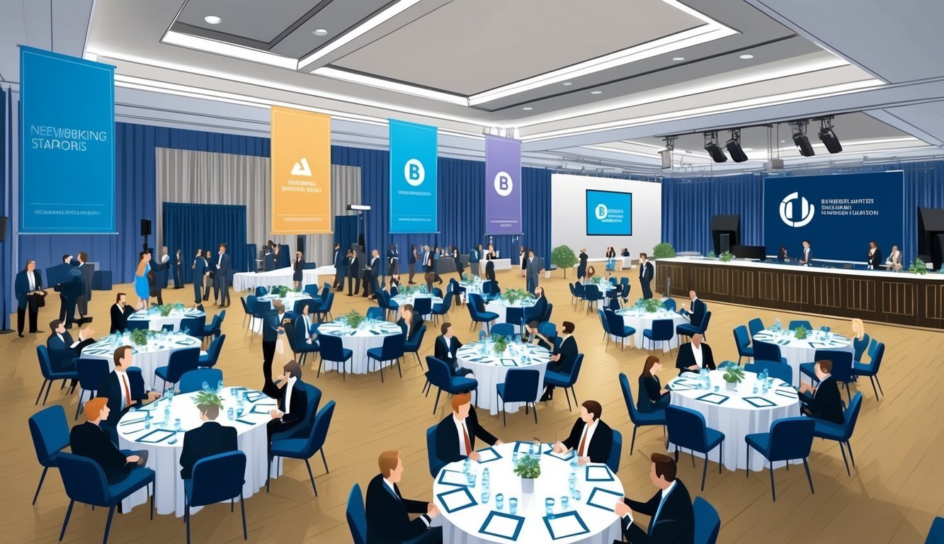 A bustling event hall with branded banners, networking stations, and a stage for speakers.</p><p>Tables are set for guests, and a bar serves drinks