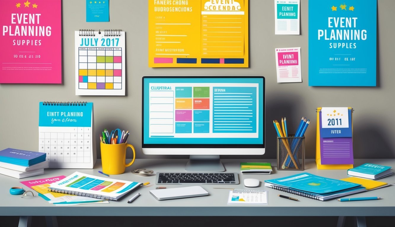 A cluttered desk with a laptop, calendar, and event planning supplies.</p><p>Brightly colored posters and flyers adorn the walls