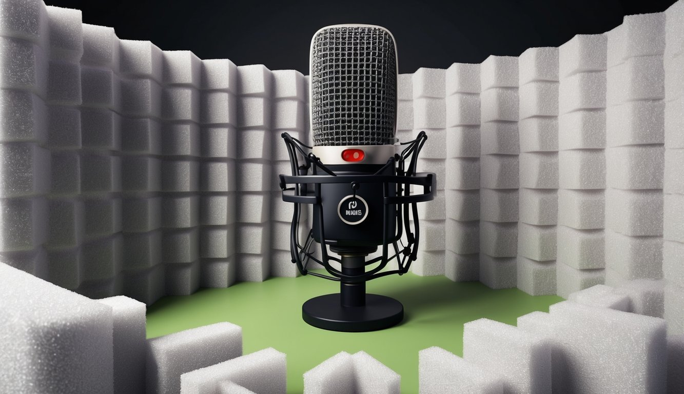 A microphone surrounded by soundproofing foam in a home recording studio