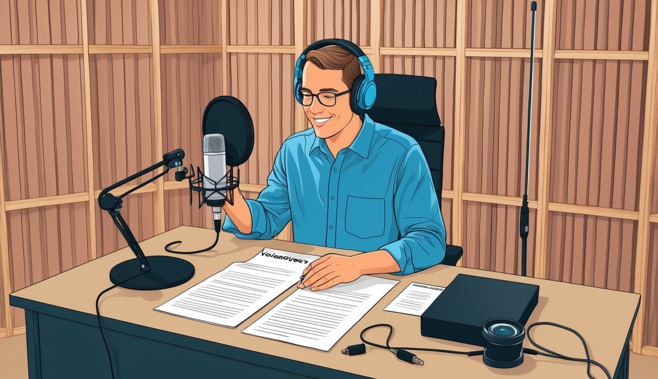 A person recording voiceovers in a home studio with a microphone, headphones, and script on a desk surrounded by soundproofing panels