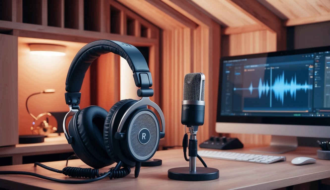 A professional microphone and headphones set up in a cozy, soundproof home studio with soft lighting and a computer workstation