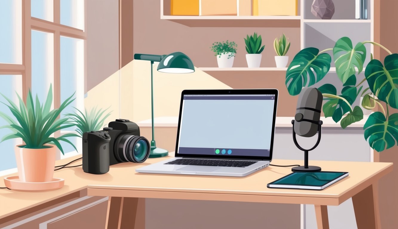 A cozy home office with a laptop, camera, and microphone set up on a desk.</p><p>Soft lighting and plants create a welcoming atmosphere for creating blog or vlog content