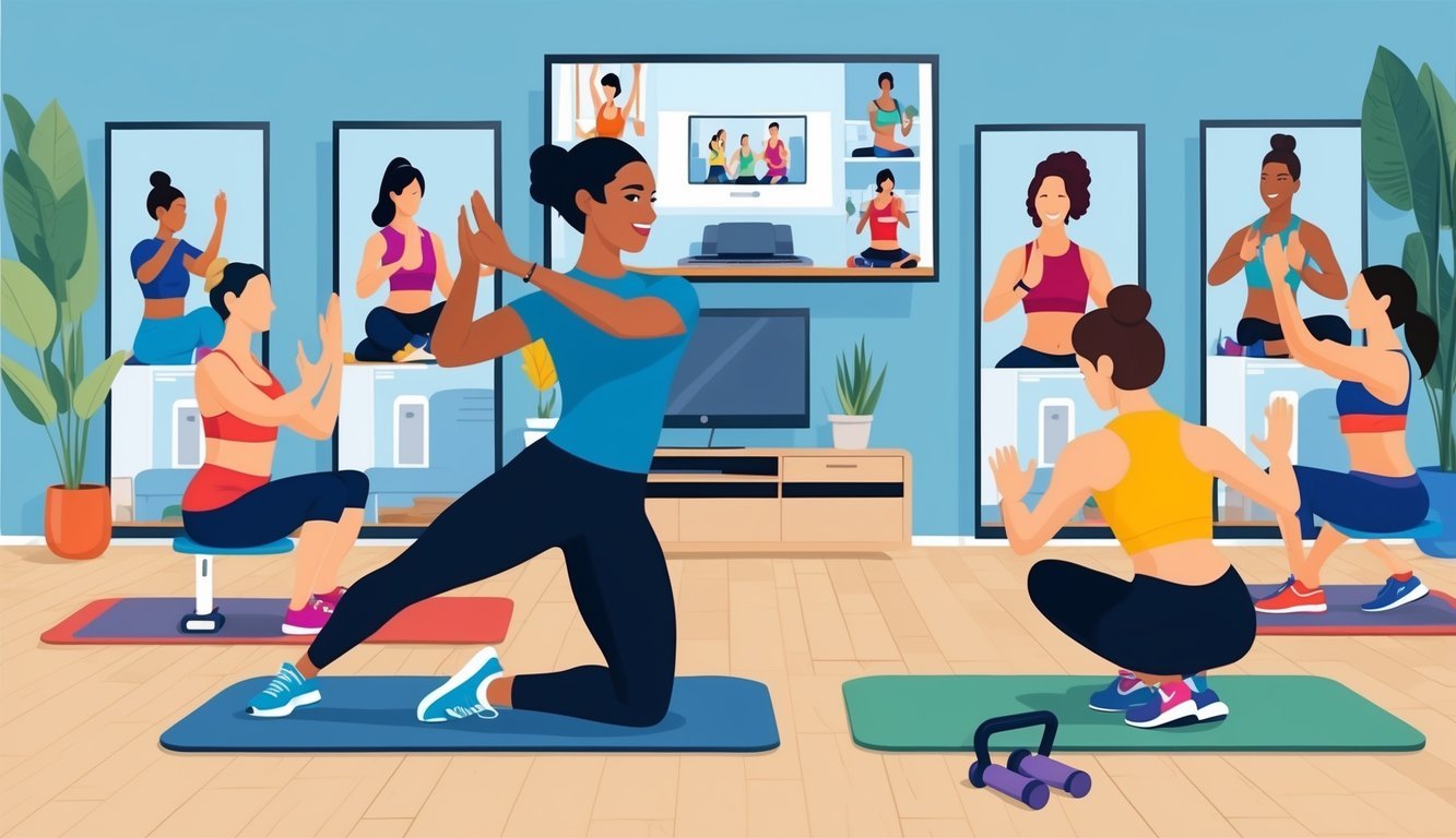 A virtual fitness class instructor leading a group workout with participants following along from their homes, using exercise equipment and technology