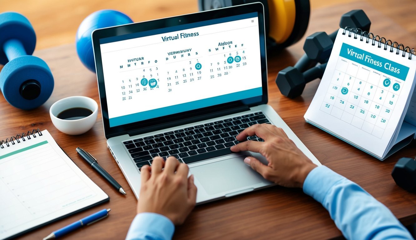 A laptop open on a desk, surrounded by fitness equipment and a calendar with virtual fitness class dates circled