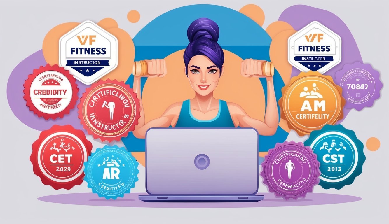 A virtual fitness instructor surrounded by certification badges and credibility symbols