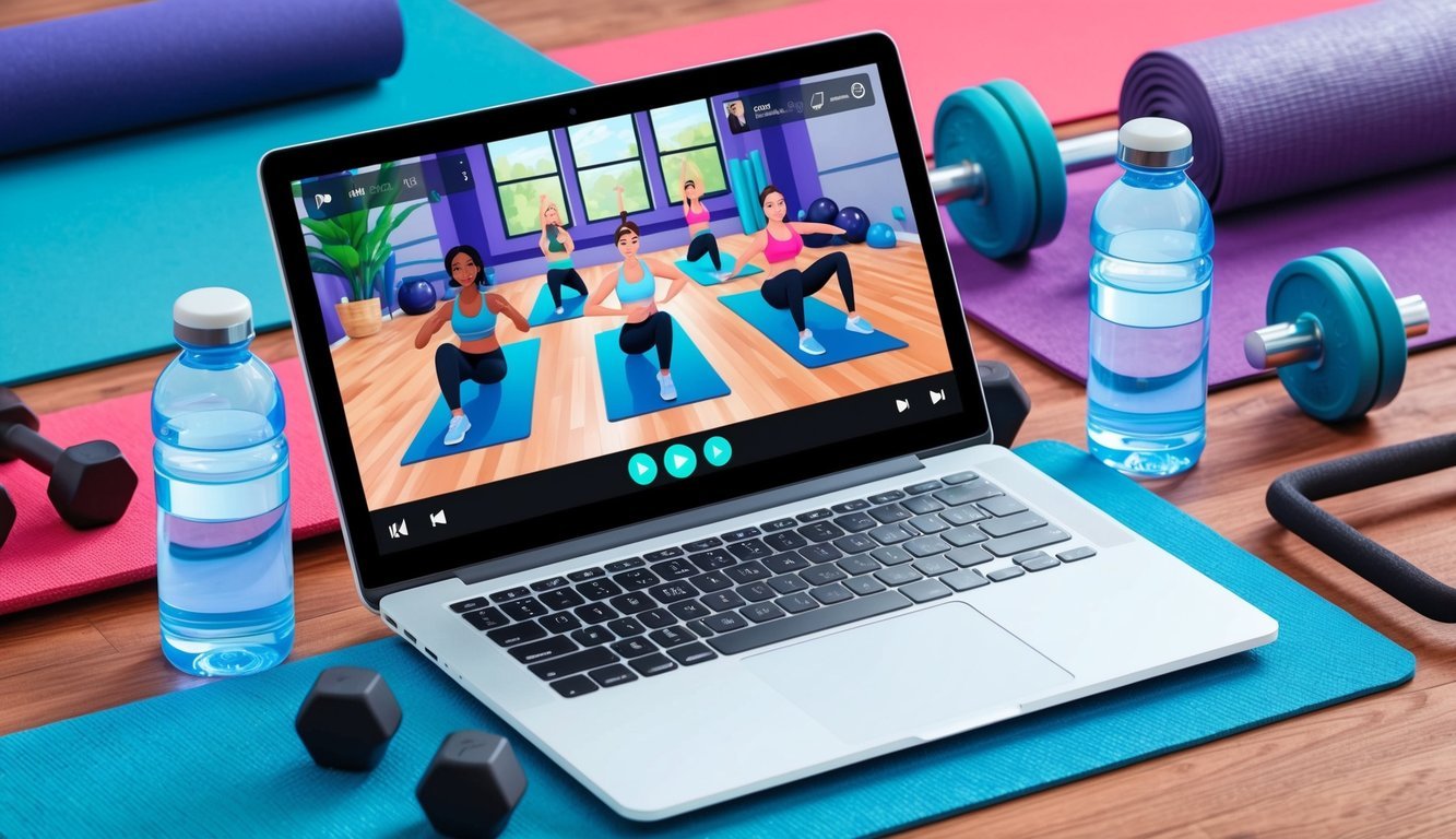 A laptop showing a virtual fitness class with energetic music playing, surrounded by yoga mats, weights, and water bottles