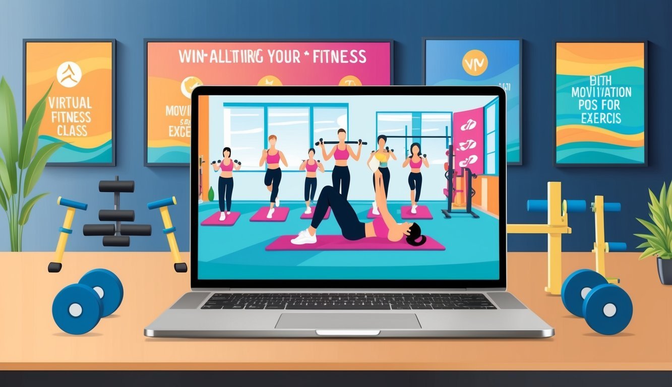 A laptop displaying a virtual fitness class with exercise equipment and motivational posters in the background