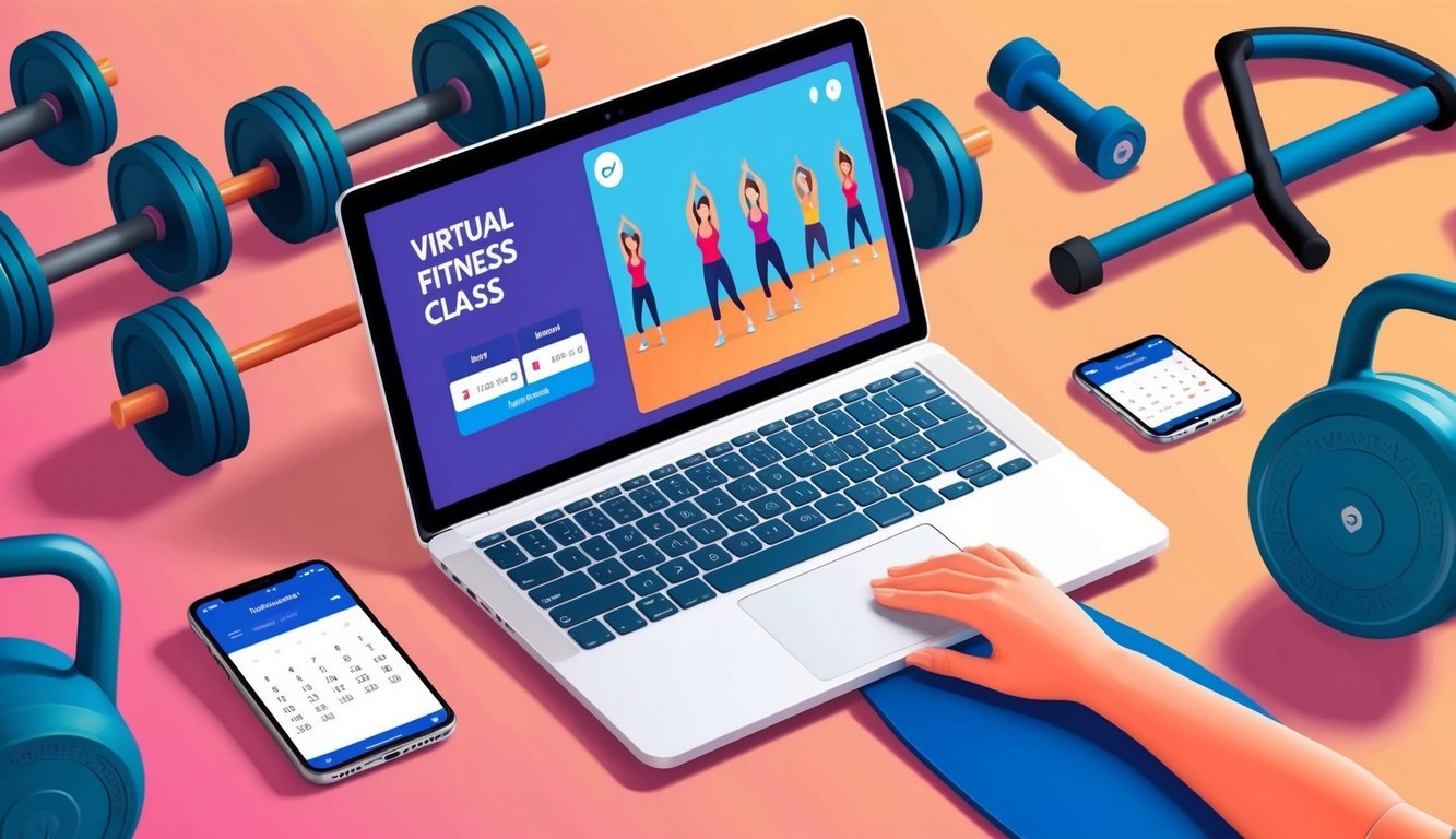 A laptop displaying a virtual fitness class with payment options and a calendar, surrounded by workout equipment and a smartphone with notifications