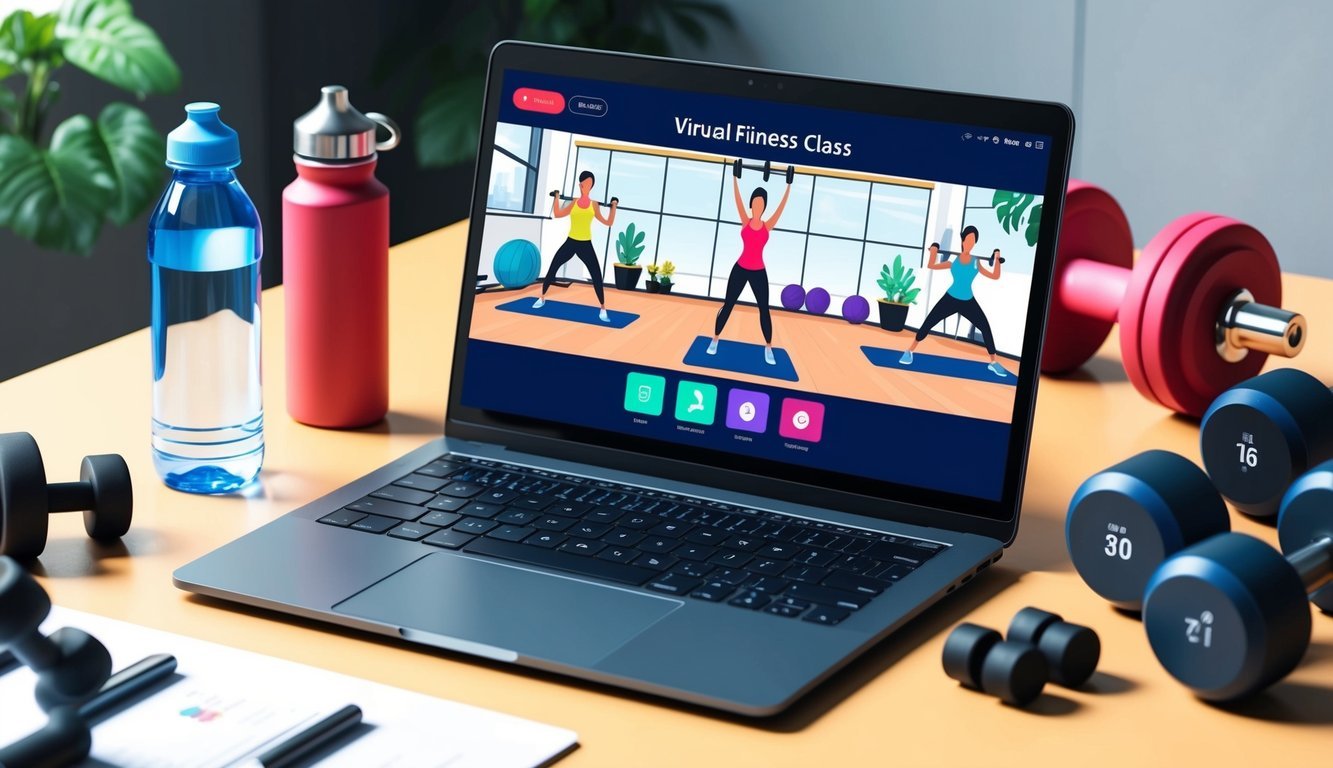 A laptop displaying a virtual fitness class on a desk, surrounded by exercise equipment and a water bottle