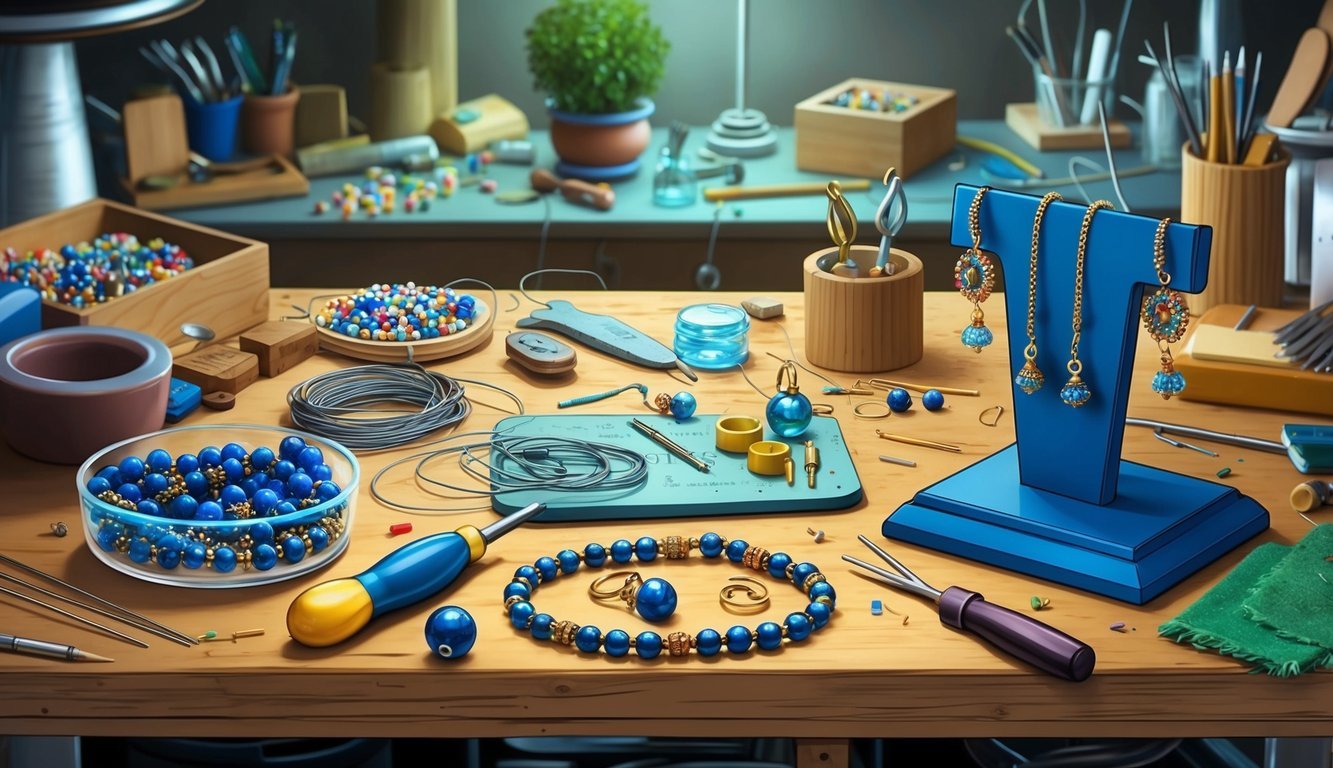 A cluttered work table with beads, wires, and tools.</p><p>A finished bracelet and earrings displayed on a stand