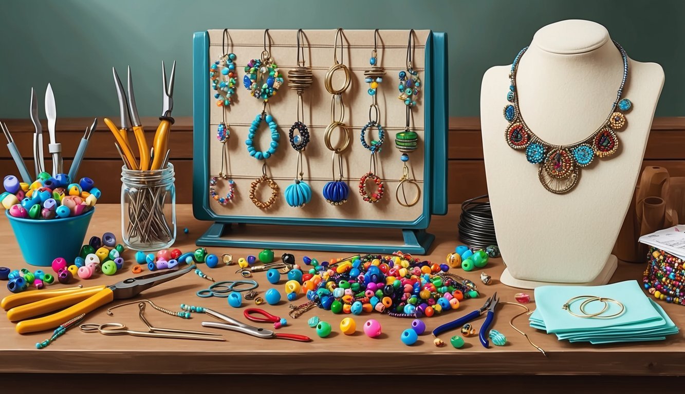 A table cluttered with colorful beads, pliers, and wire.</p><p>A handmade jewelry display stands nearby, showcasing unique pieces