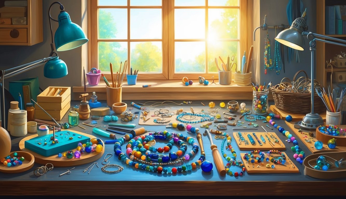 A cluttered work table with colorful beads, tools, and jewelry pieces.</p><p>Sunlight streams through a window, casting a warm glow on the handmade creations