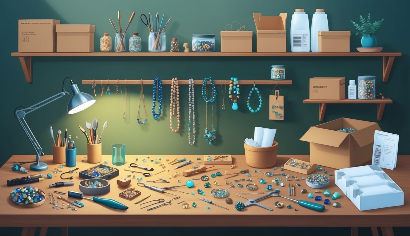 A cozy home workshop with various tools, beads, and gemstones scattered on a workbench.</p><p>Finished jewelry pieces are displayed on a shelf, with packaging materials and shipping supplies nearby