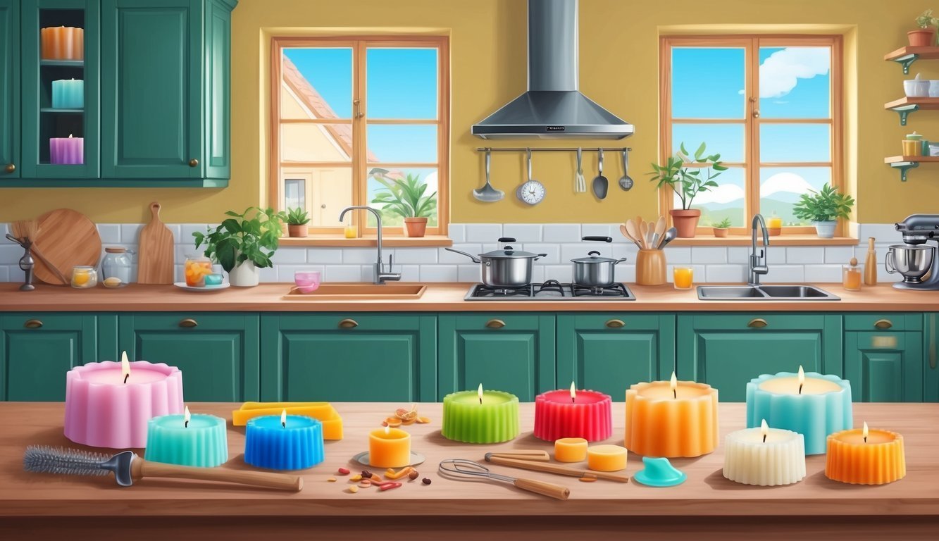 Colorful candles on a kitchen counter with a sunny window view