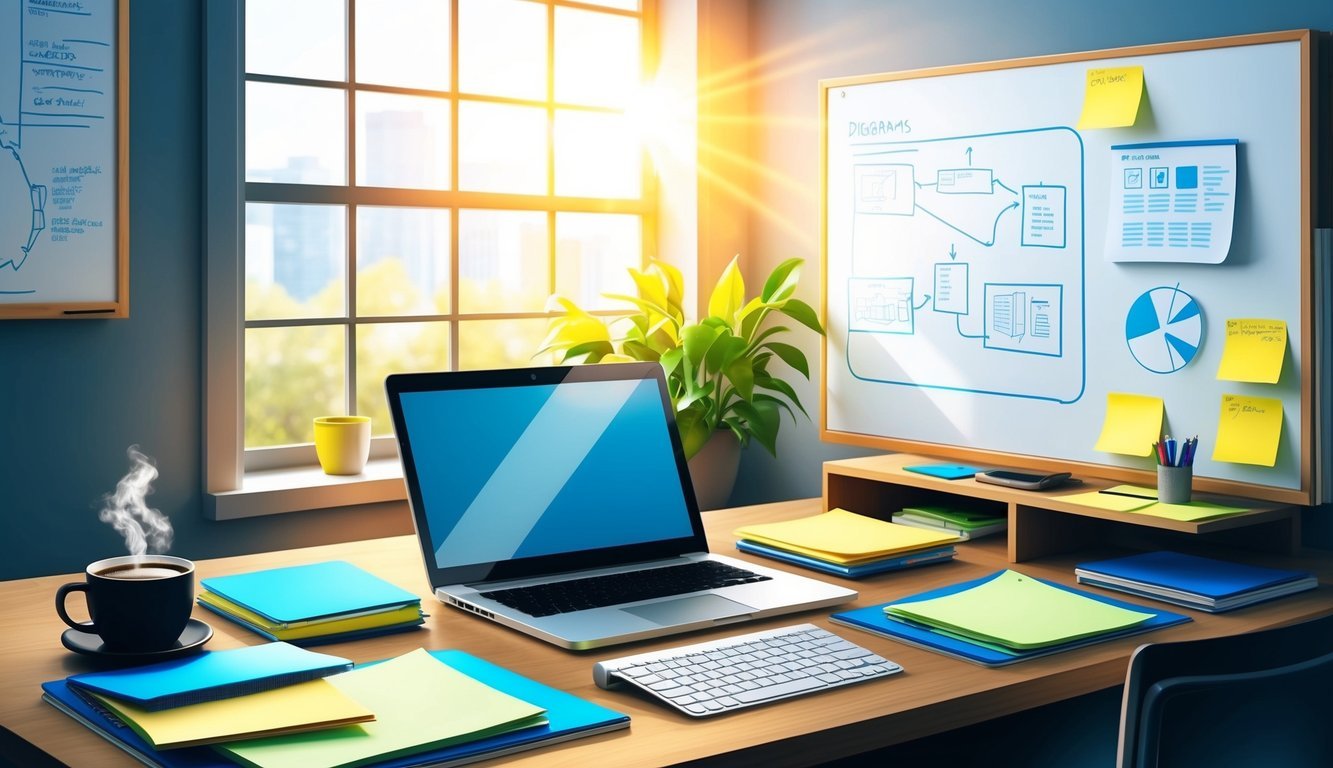 A cluttered desk with a laptop, notepads, and a cup of coffee.</p><p>A whiteboard with diagrams and sticky notes.</p><p>Sunlight streaming through a window