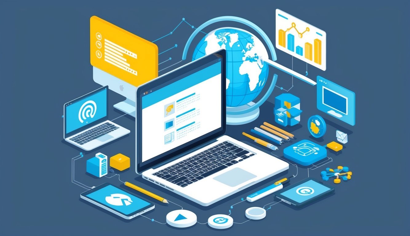 A laptop surrounded by various digital devices and tools, with a globe and network diagrams in the background, symbolizing a strong online presence for IT consulting