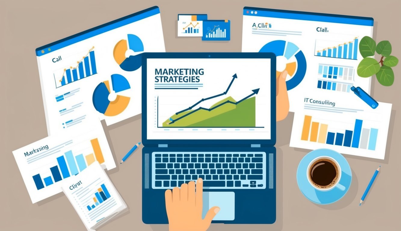 A laptop surrounded by charts, graphs, and a cup of coffee.</p><p>A person on a call with a client while brainstorming marketing strategies for IT consulting