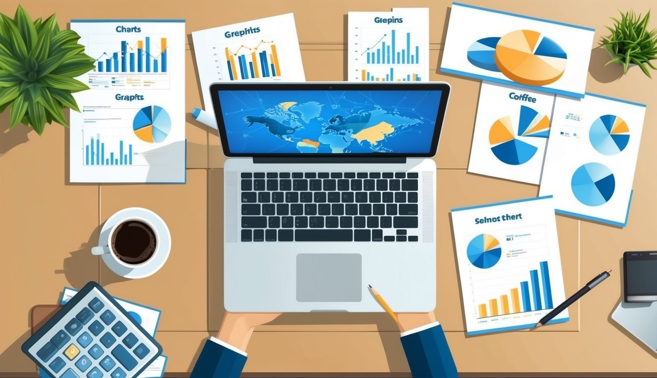 A laptop surrounded by charts, graphs, and a cup of coffee on a desk in a home office