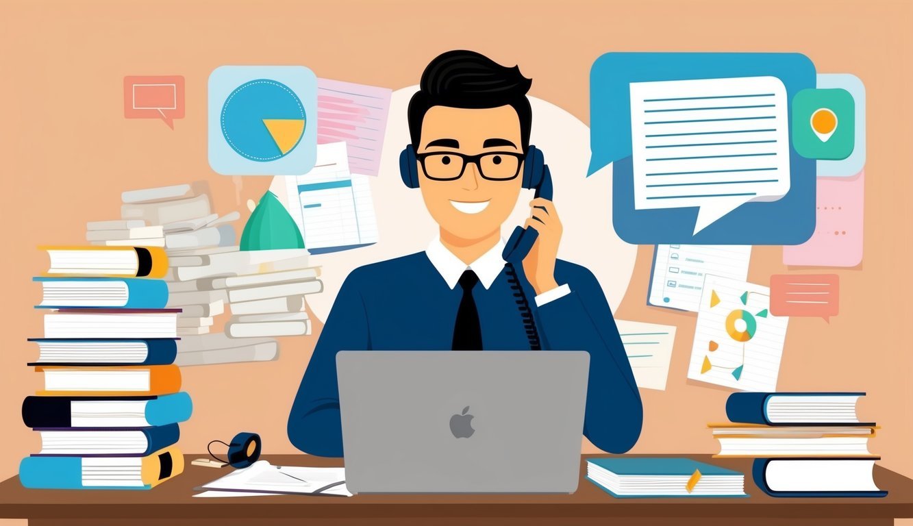 A person sitting at a desk with a laptop, surrounded by books and notes, while engaging in a career coaching session over the phone