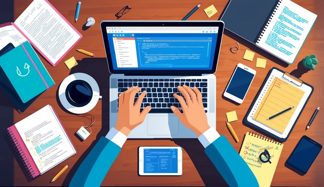 A person working on a laptop with a smartphone and tablet on the desk, surrounded by coding books and notes