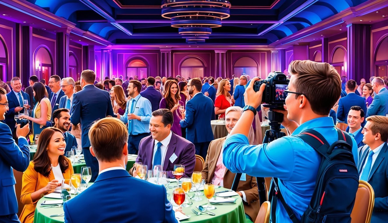 A photographer capturing a lively event scene with people networking, engaging in activities, and enjoying the ambiance