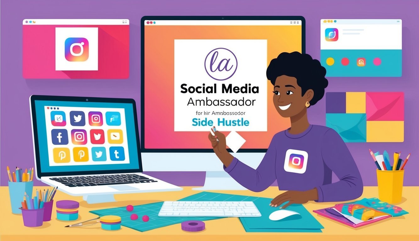 A person creating a logo and social media graphics for their brand ambassador side hustle, surrounded by craft supplies and a computer