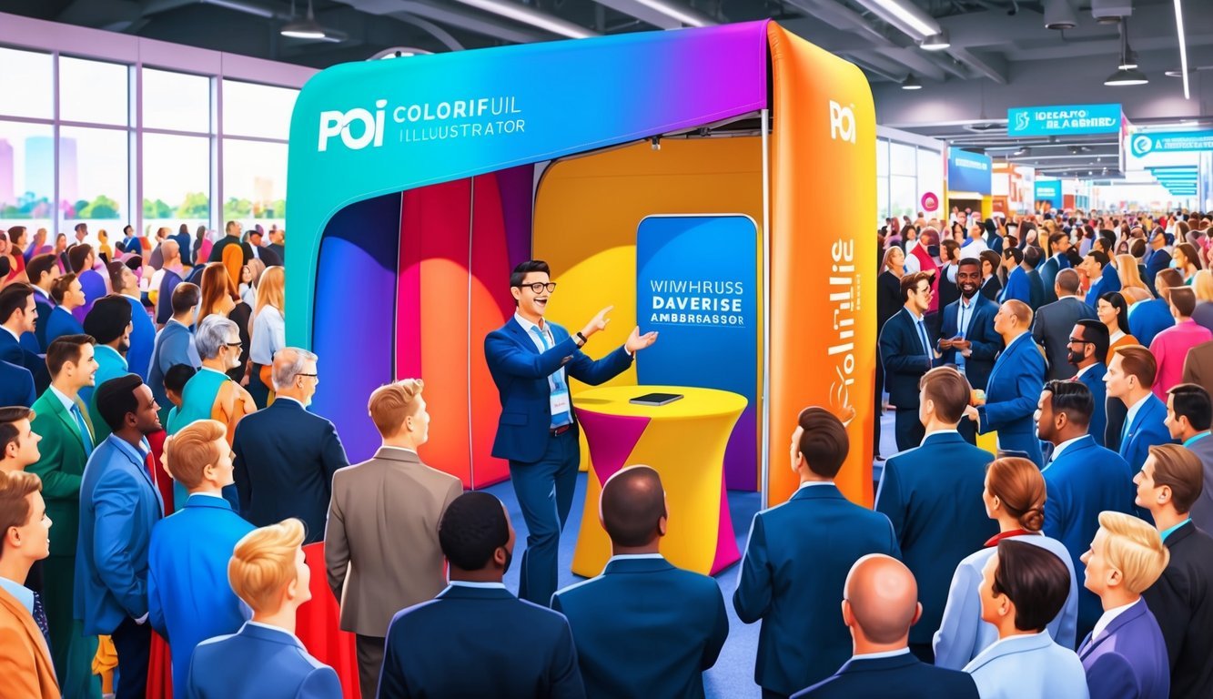 A colorful pop-up booth at a bustling event, with an enthusiastic brand ambassador engaging with a crowd of diverse onlookers