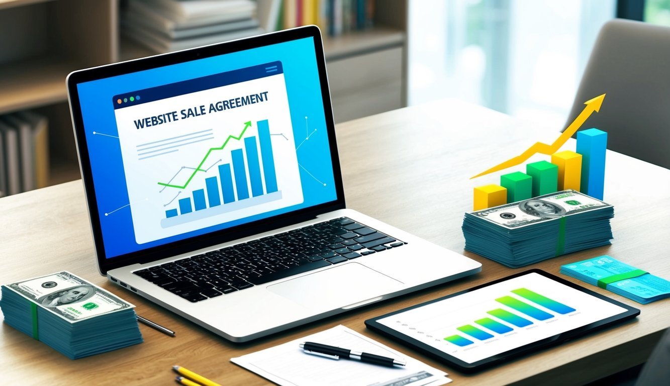 A laptop open on a desk, with a website sale agreement and a stack of cash next to it.</p><p>A graph on the screen shows increasing profits