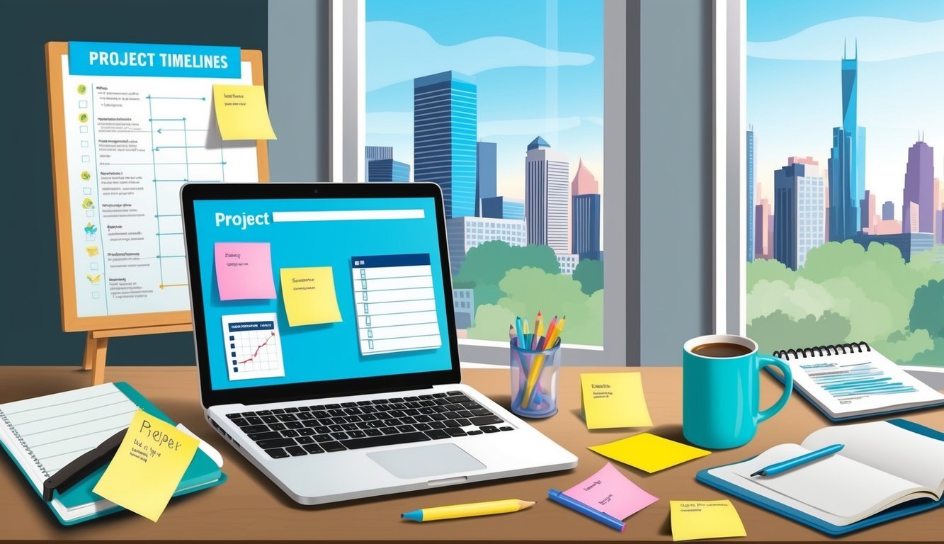 A cluttered desk with a laptop, planner, and coffee mug.</p><p>Post-it notes and a whiteboard with project timelines.</p><p>A window with city skyline in the background