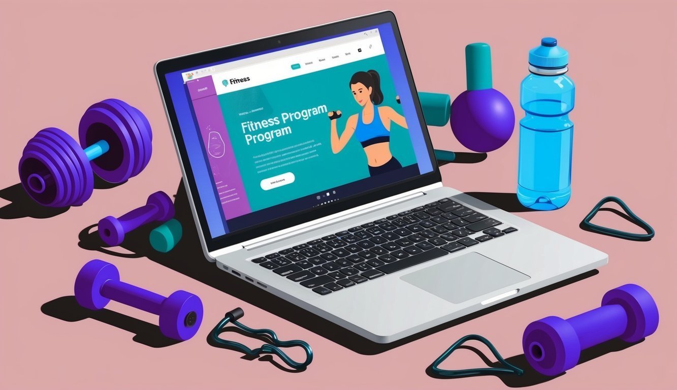 Laptop with fitness program, dumbbells, water bottle, and exercise bands