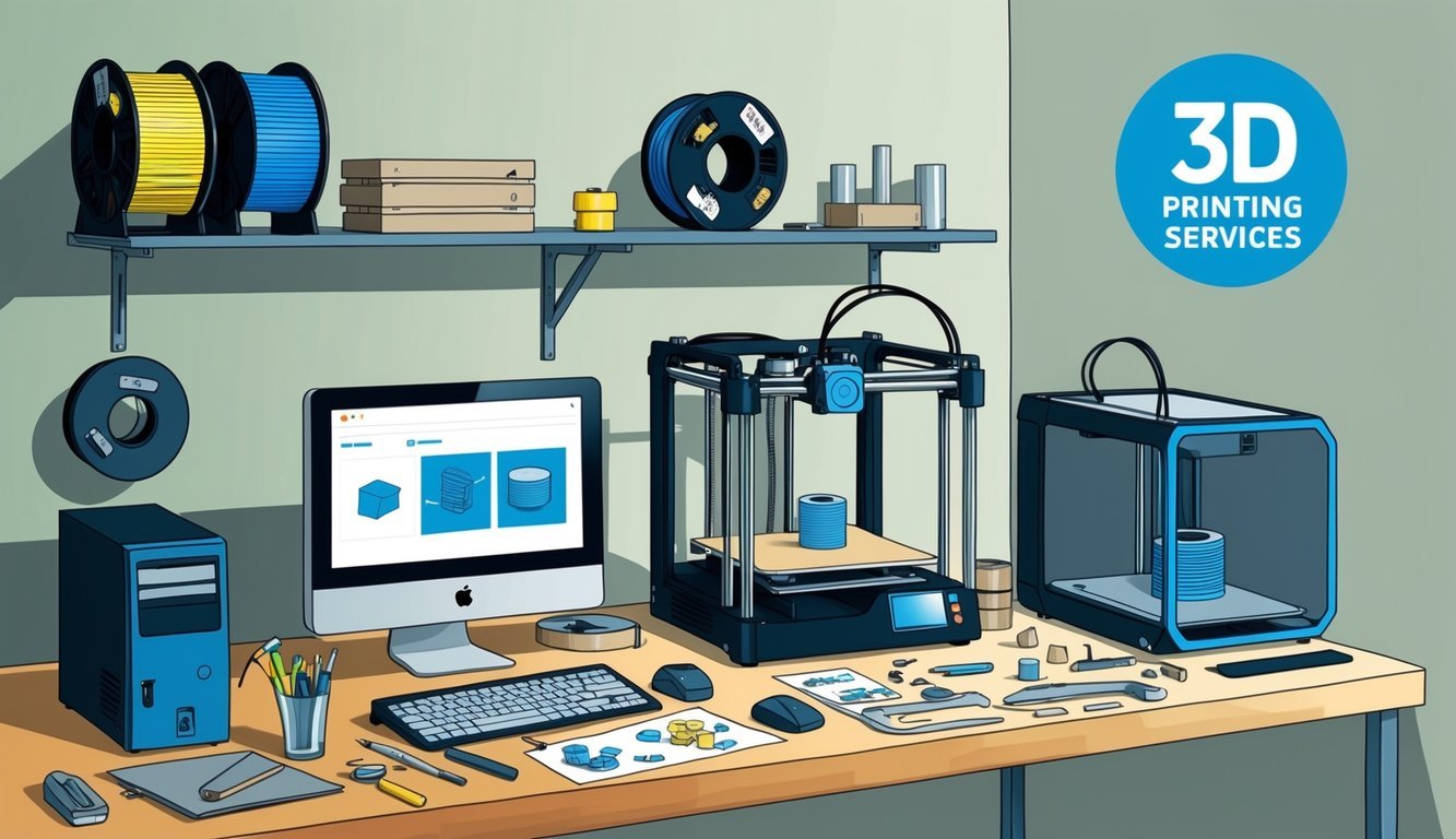 A cluttered desk with a 3D printer, computer, tools, and materials.</p><p>Shelves hold filament spools and finished prints.</p><p>A workbench displays prototypes and a logo for "3D Printing Services."