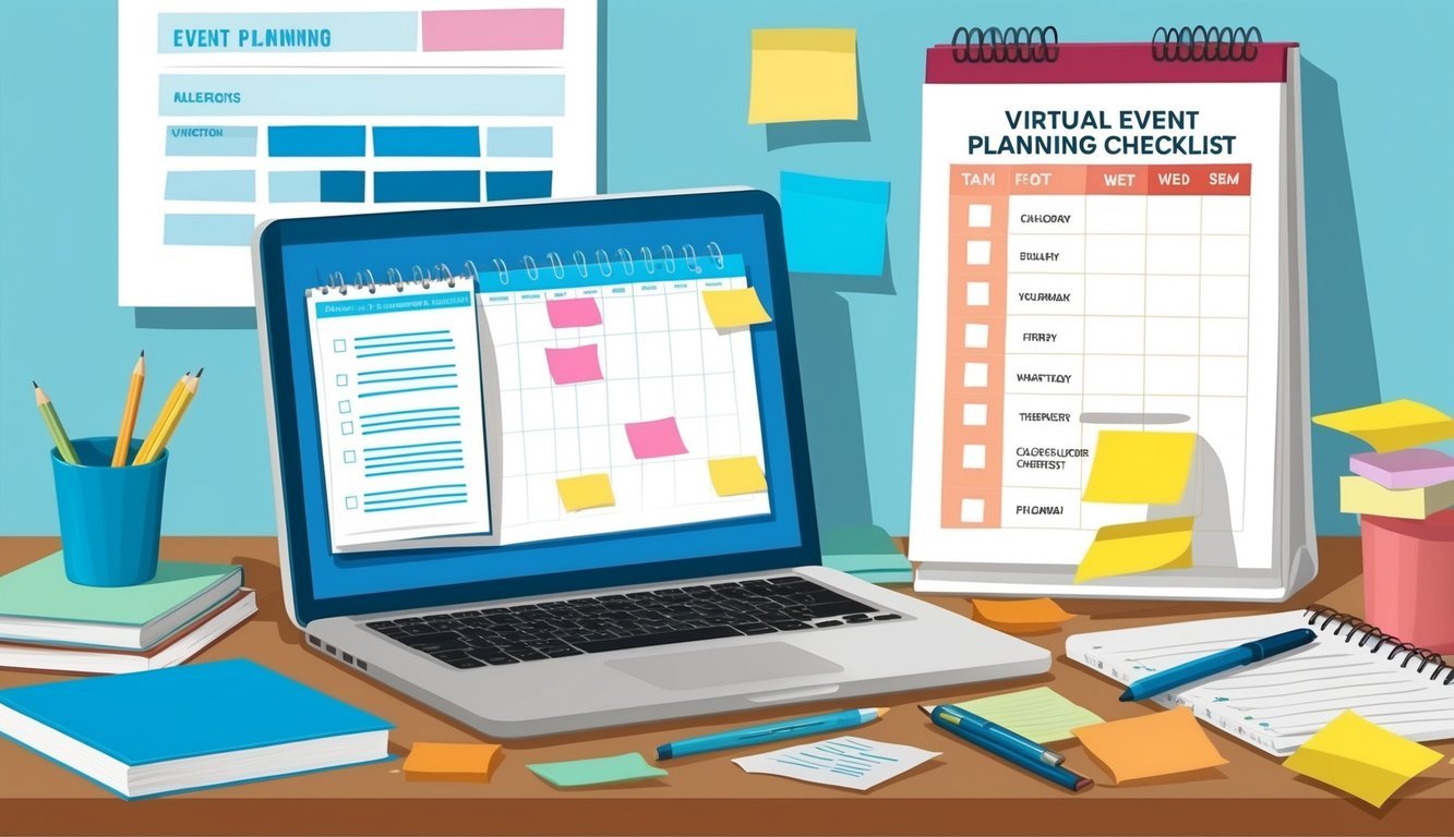 A cluttered desk with a laptop, calendar, and sticky notes.</p><p>A virtual event planning checklist is pinned to the wall