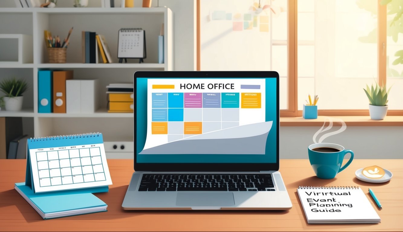 A busy home office with a laptop, calendar, and notepad.</p><p>A virtual event planning guide and a cup of coffee sit on the desk